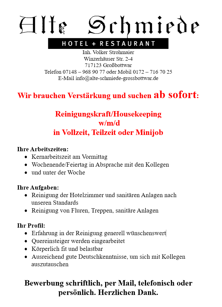 Alte Schmiede Grossbottwar - Stellenanzeigen